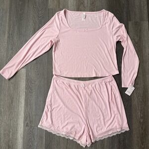 Women's Variegated Ribbed Pajama Set Long Sleeve Top & Shorts Auden Pink XXL NWT